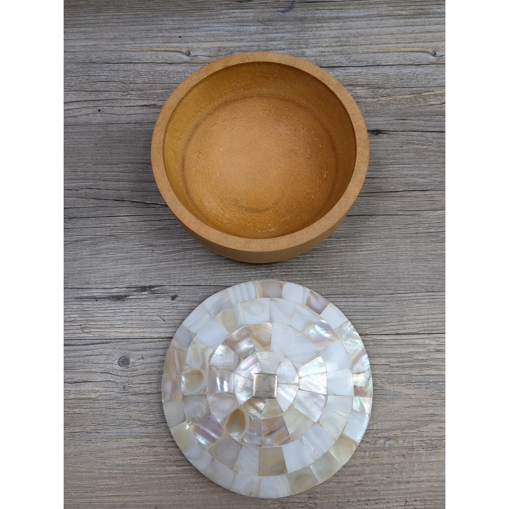 Round Tan Wooden Bowl Mother of Pearl Inlay Lid Trinket Box - Picture 4 of 8